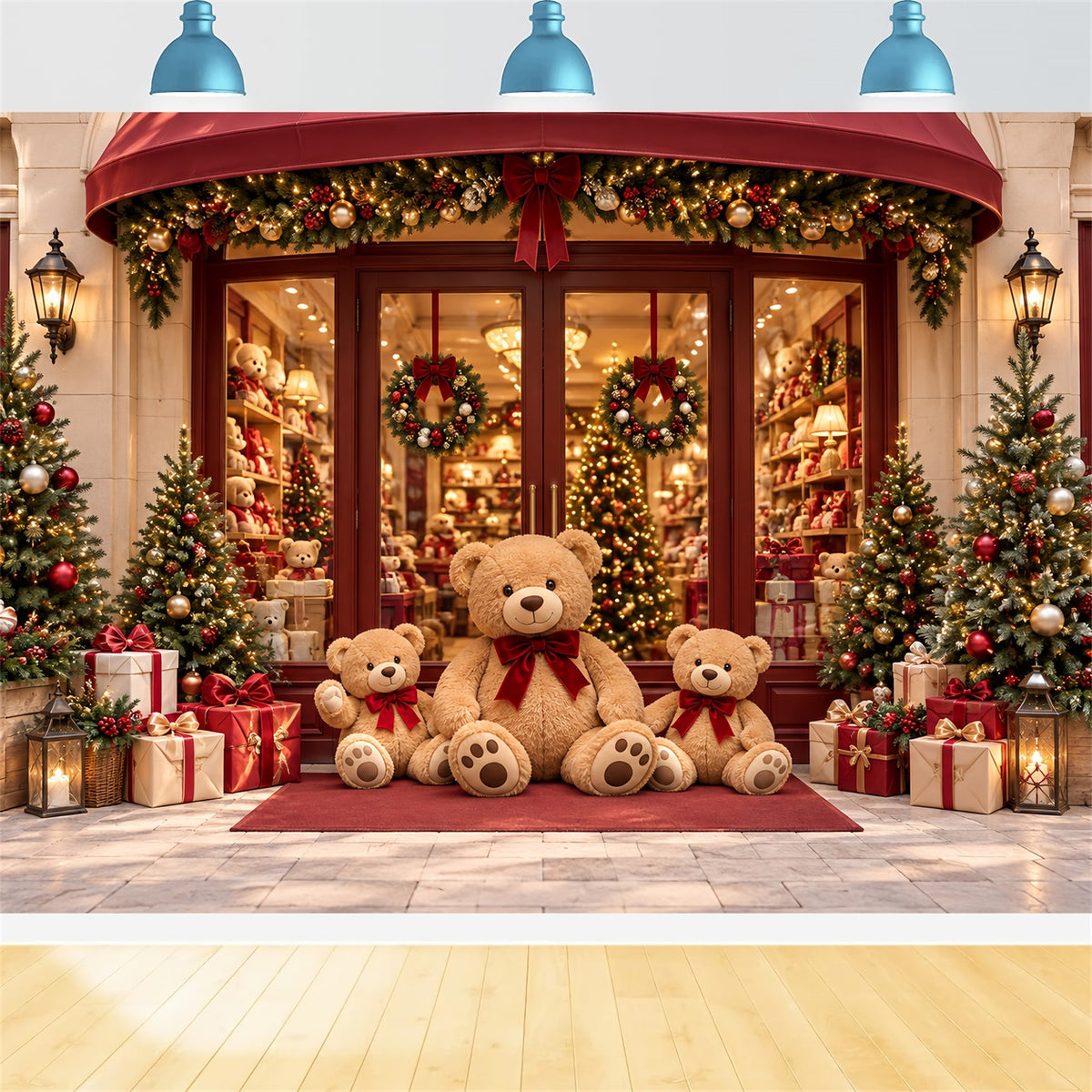 Christmas Store Backdrop Festive Teddy Bear Storefront Christmas Party Backdrops HQ610-161