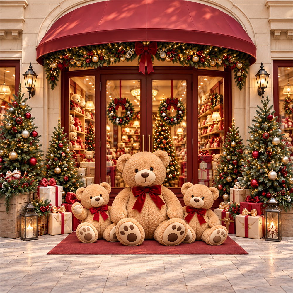 Christmas Store Backdrop Festive Teddy Bear Storefront Christmas Party Backdrops HQ610-161