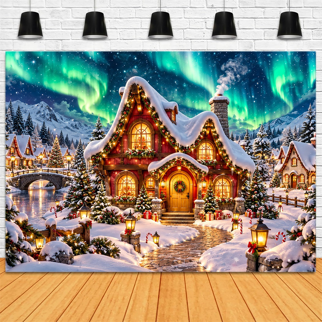 Christmas Elf Backdrop Glowing Aurora Snowy Cottage Christmas Photos Backdrop HQ610-162