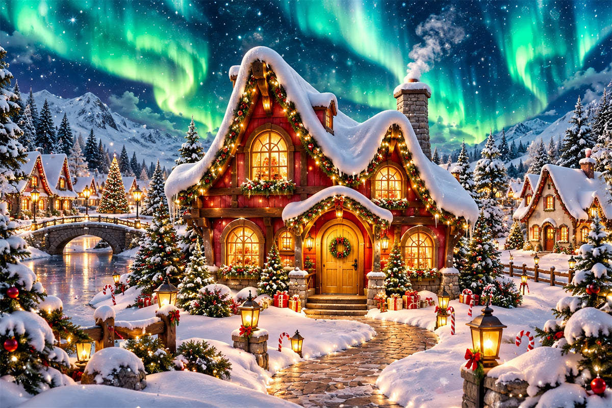 Christmas Elf Backdrop Glowing Aurora Snowy Cottage Christmas Photos Backdrop HQ610-162
