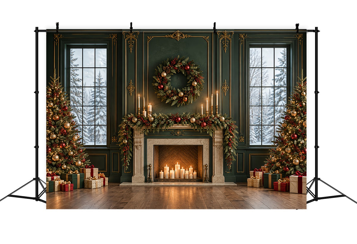 Living Room Christmas Backdrop Emerald Mantel Golden Garland Christmas Card Backdrops HQ610-163