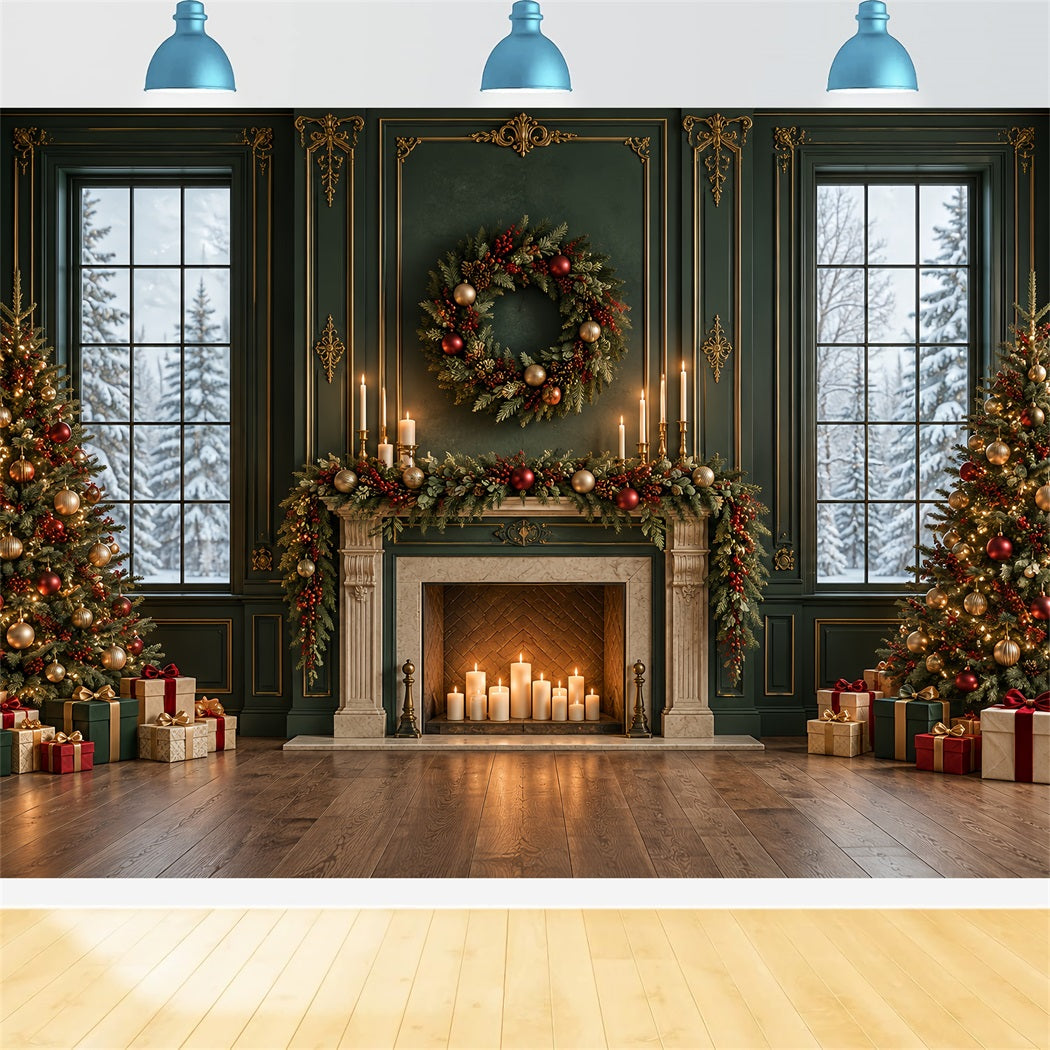 Living Room Christmas Backdrop Emerald Mantel Golden Garland Christmas Card Backdrops HQ610-163