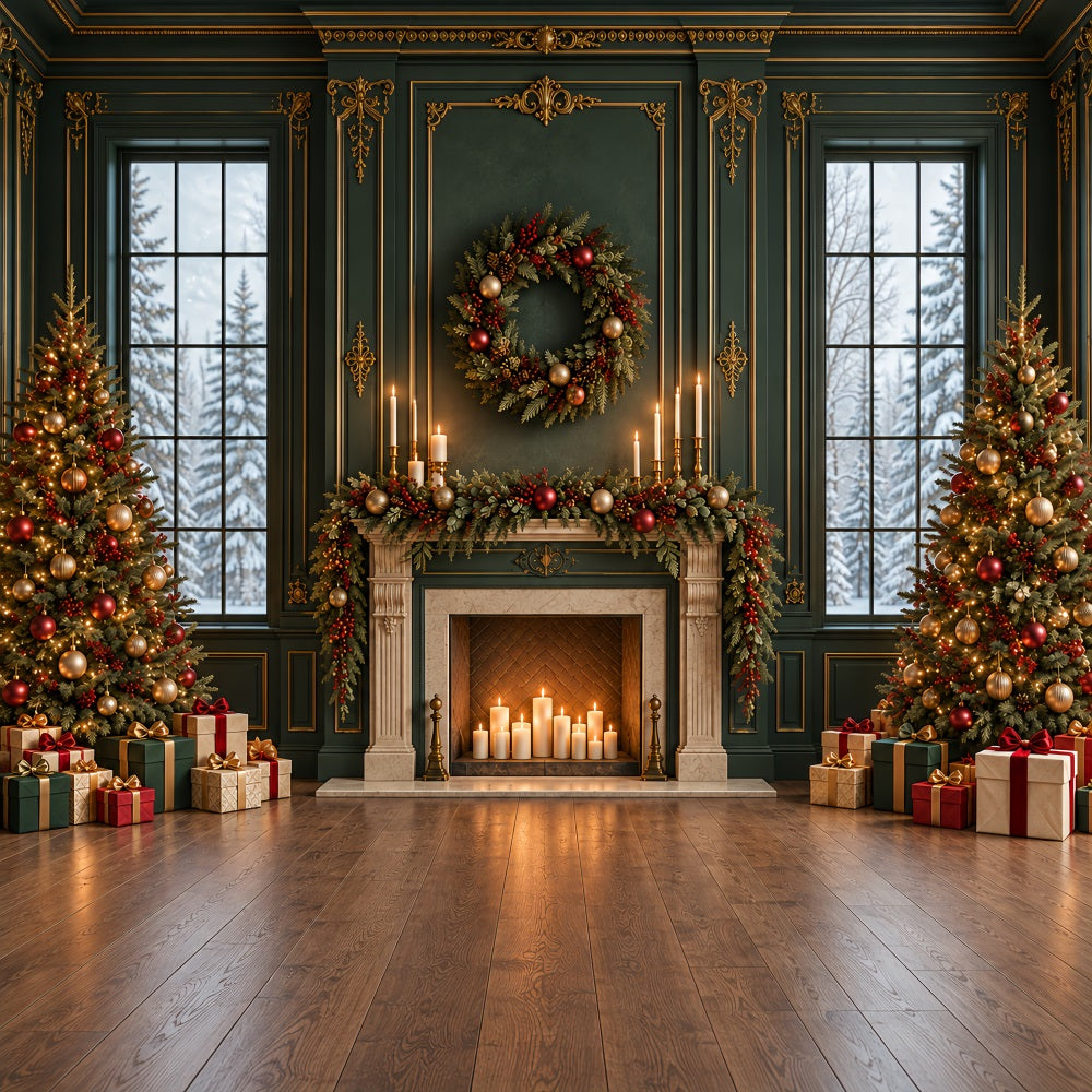 Living Room Christmas Backdrop Emerald Mantel Golden Garland Christmas Card Backdrops HQ610-163