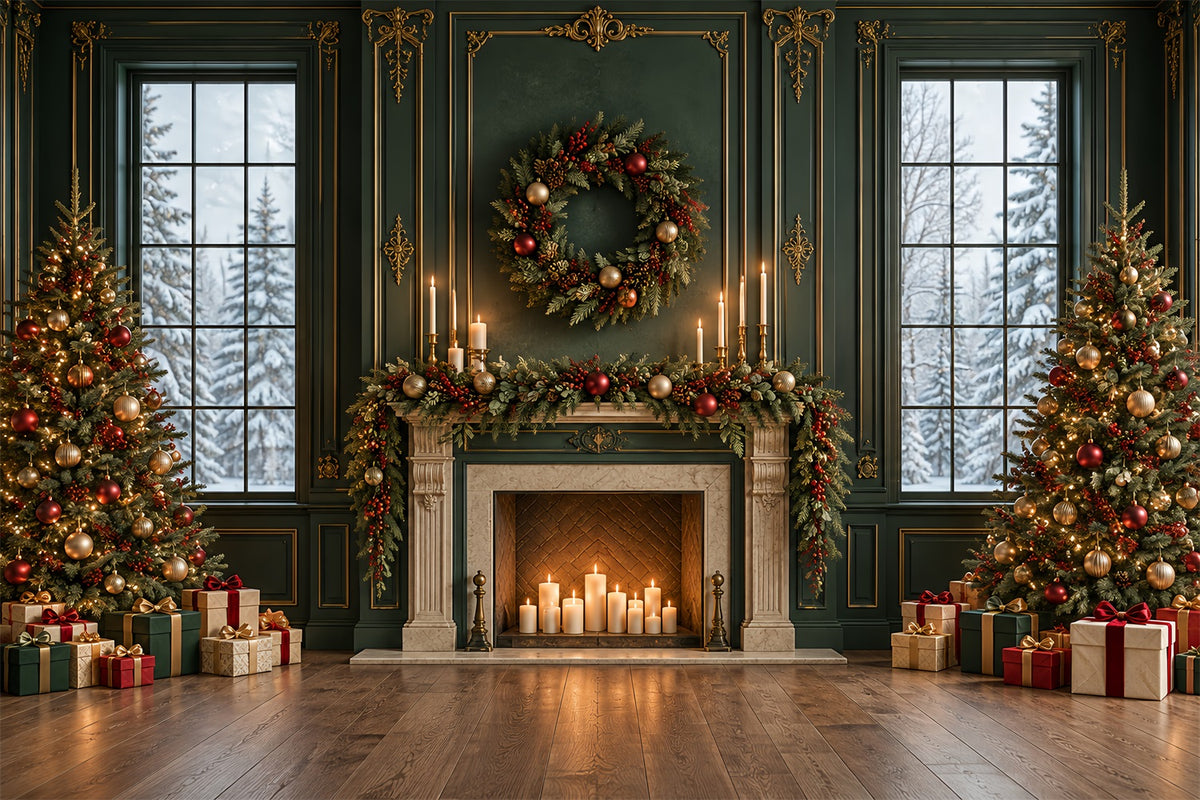 Living Room Christmas Backdrop Emerald Mantel Golden Garland Christmas Card Backdrops HQ610-163