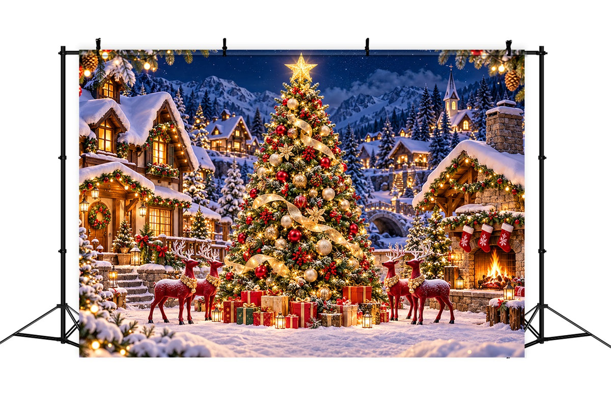 Retro Christmas Backdrop Reindeer Village Golden Tree Reindeer Photo Backdrop HQ610-165