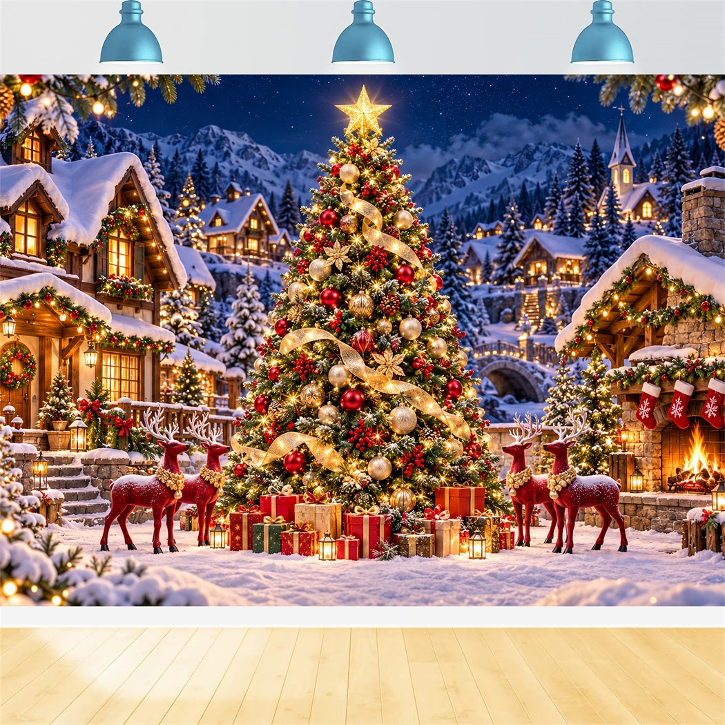 Retro Christmas Backdrop Reindeer Village Golden Tree Reindeer Photo Backdrop HQ610-165