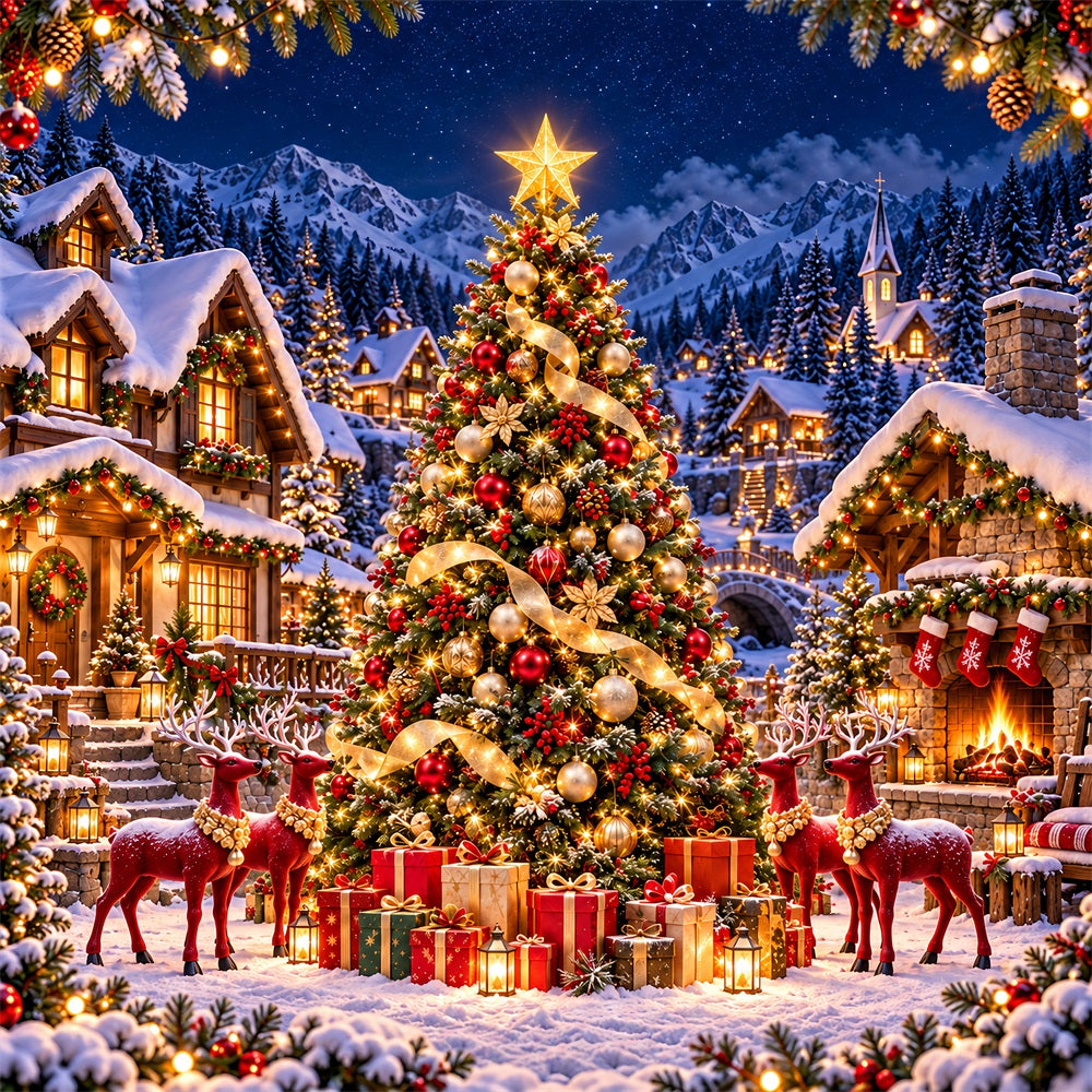 Retro Christmas Backdrop Reindeer Village Golden Tree Reindeer Photo Backdrop HQ610-165