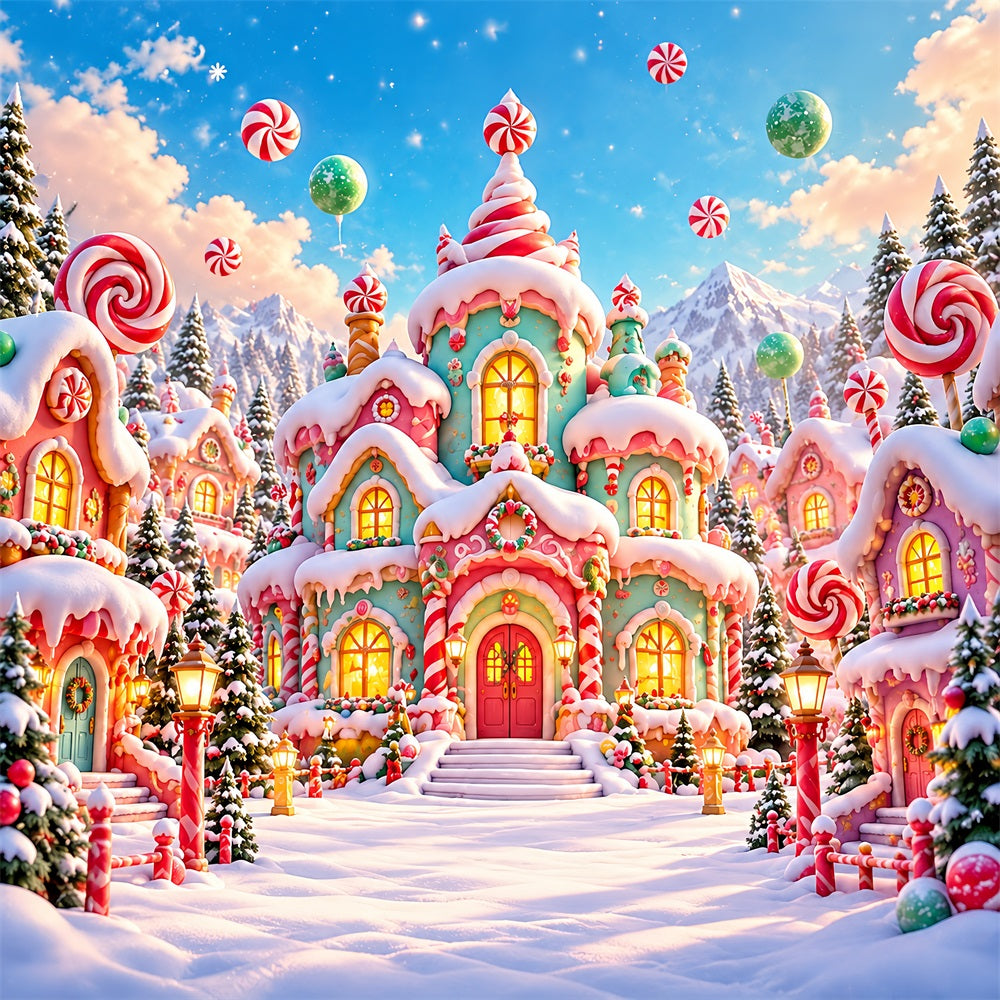 Candyland Christmas Backdrop Pastel Candy Cottage Village Photography Christmas Backdrop HQ610-166