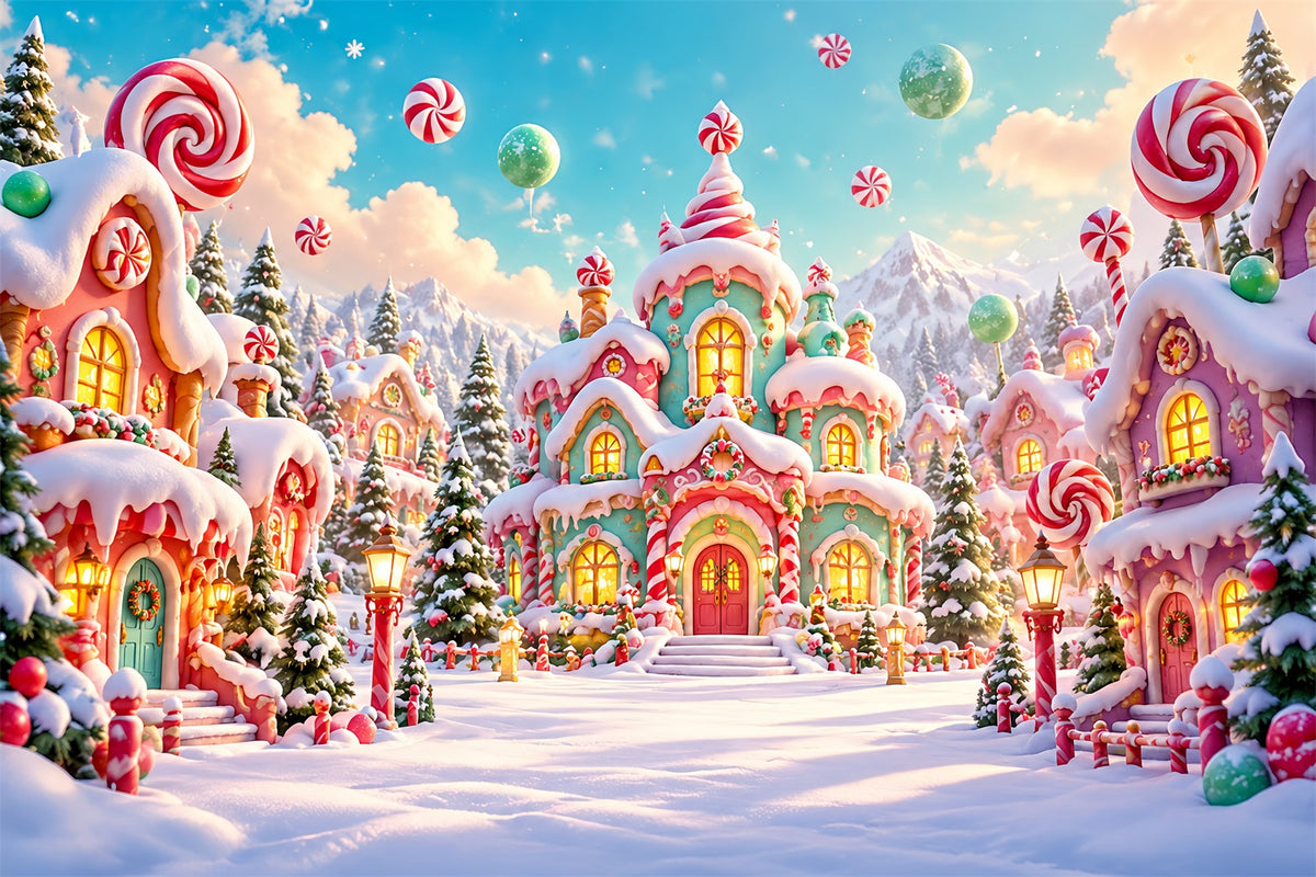 Candyland Christmas Backdrop Pastel Candy Cottage Village Photography Christmas Backdrop HQ610-166