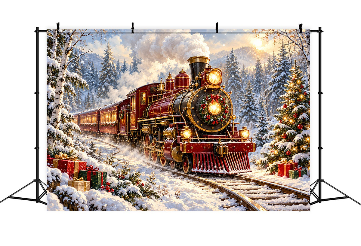 Professional Christmas Backdrop Burgundy Locomotive Snowy Forest Christmas Village Backdrop HQ610-167