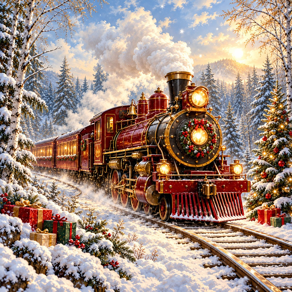 Professional Christmas Backdrop Burgundy Locomotive Snowy Forest Christmas Village Backdrop HQ610-167