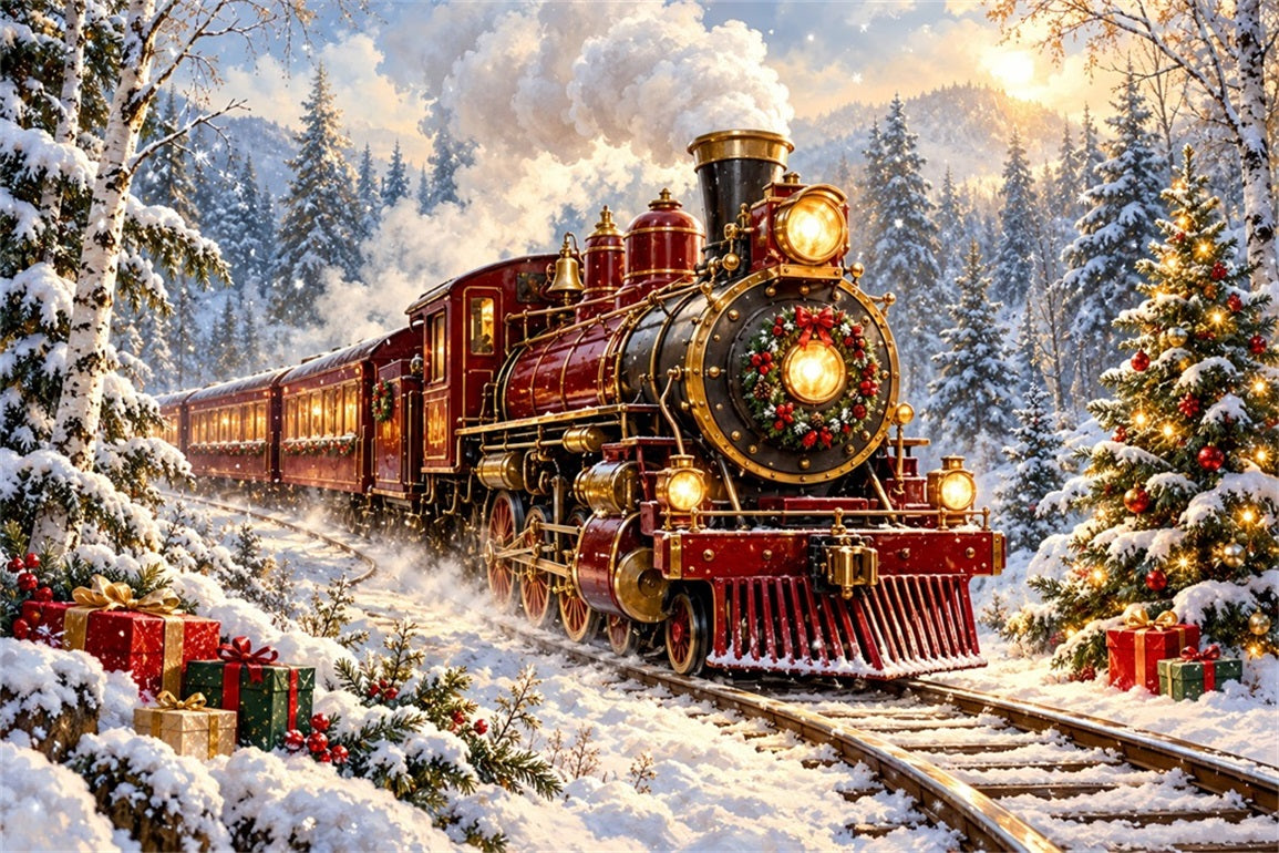 Professional Christmas Backdrop Burgundy Locomotive Snowy Forest Christmas Village Backdrop HQ610-167