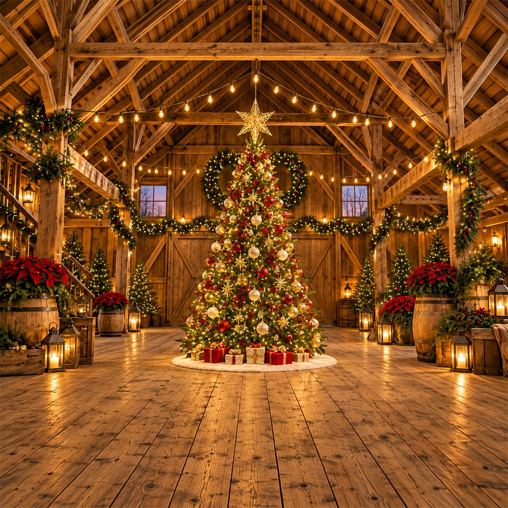 Christmas Lights Photo Backdrop Rustic Barn Golden Tree Christmas Backdrop Pictures HQ610-169