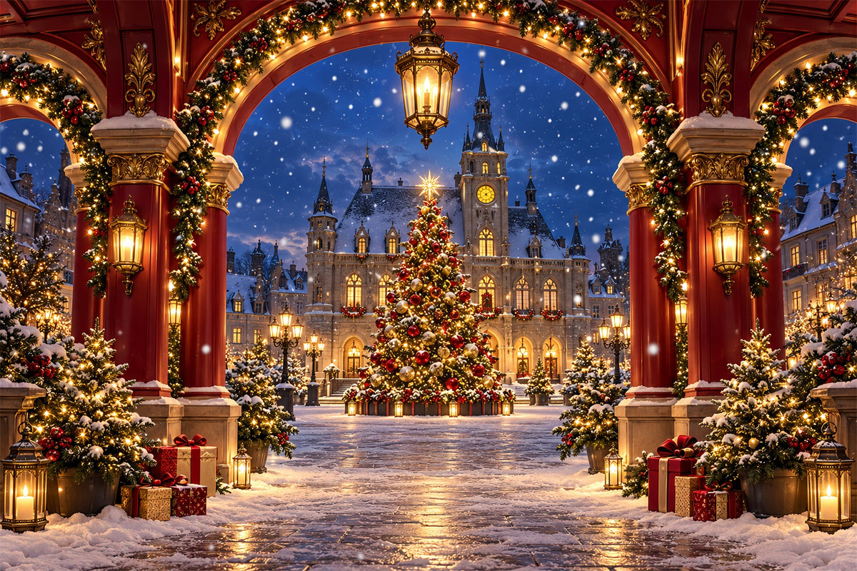 Christmas Arch Backdrop Crimson House Winter Village Christmas Party Picture Backdrop HQ610-170