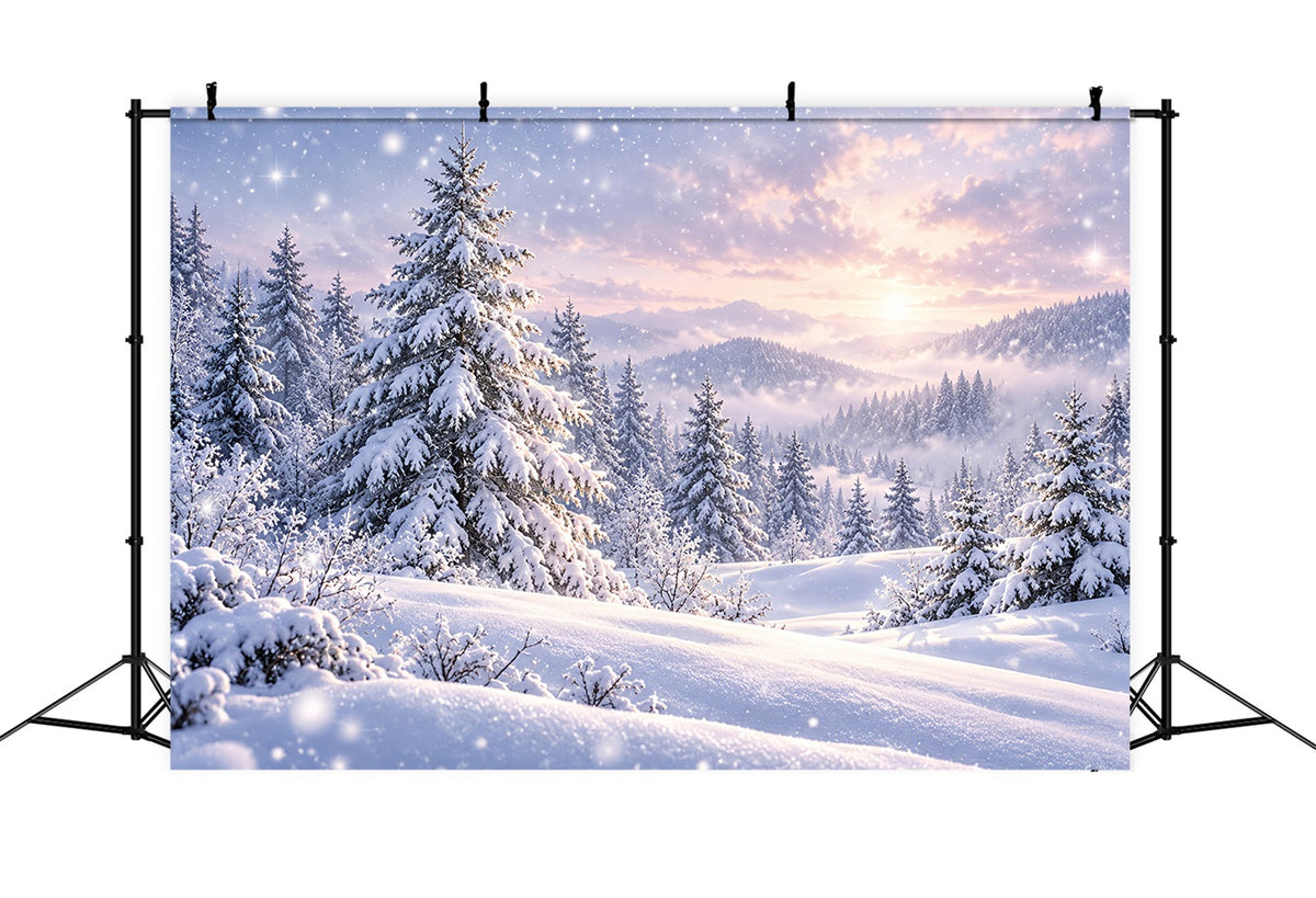 Christmas Tree Backdrops Snowy Pines Forest Sunset Christmas Photoshoot Backdrops HQ610-171