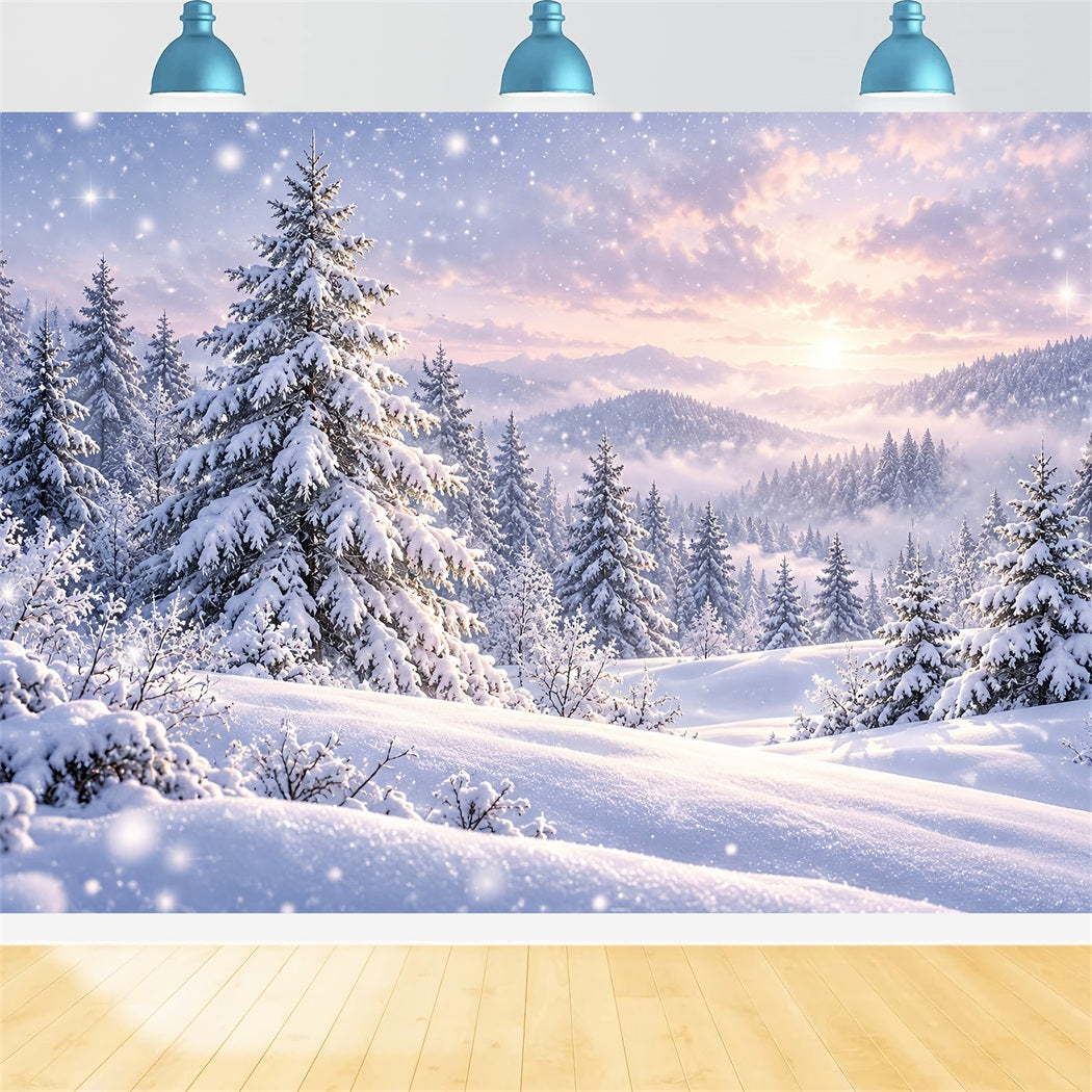 Christmas Tree Backdrops Snowy Pines Forest Sunset Christmas Photoshoot Backdrops HQ610-171