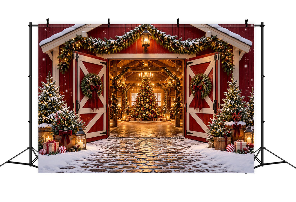 Christmas Tree Farm Backdrop Festive Red Barn Entrance Christmas Studio Backdrops HQ610-172