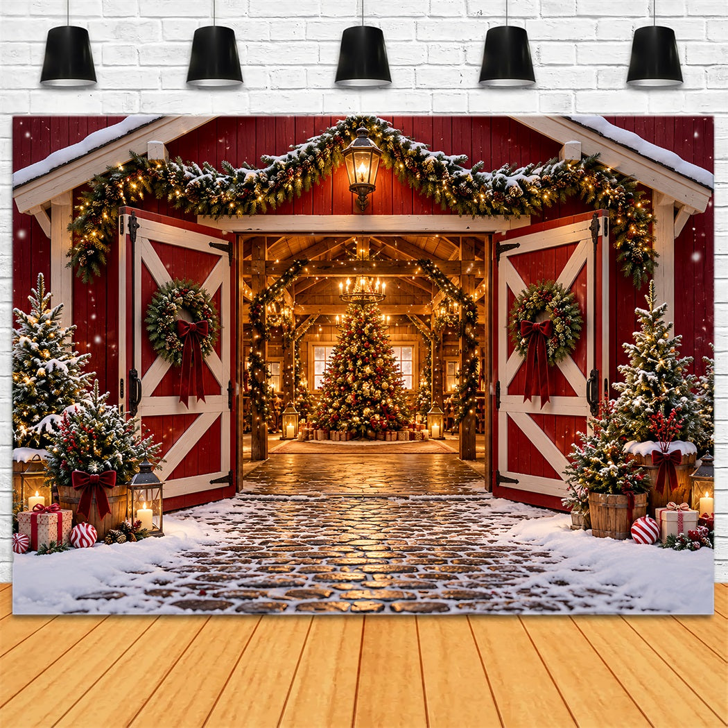 Christmas Tree Farm Backdrop Festive Red Barn Entrance Christmas Studio Backdrops HQ610-172