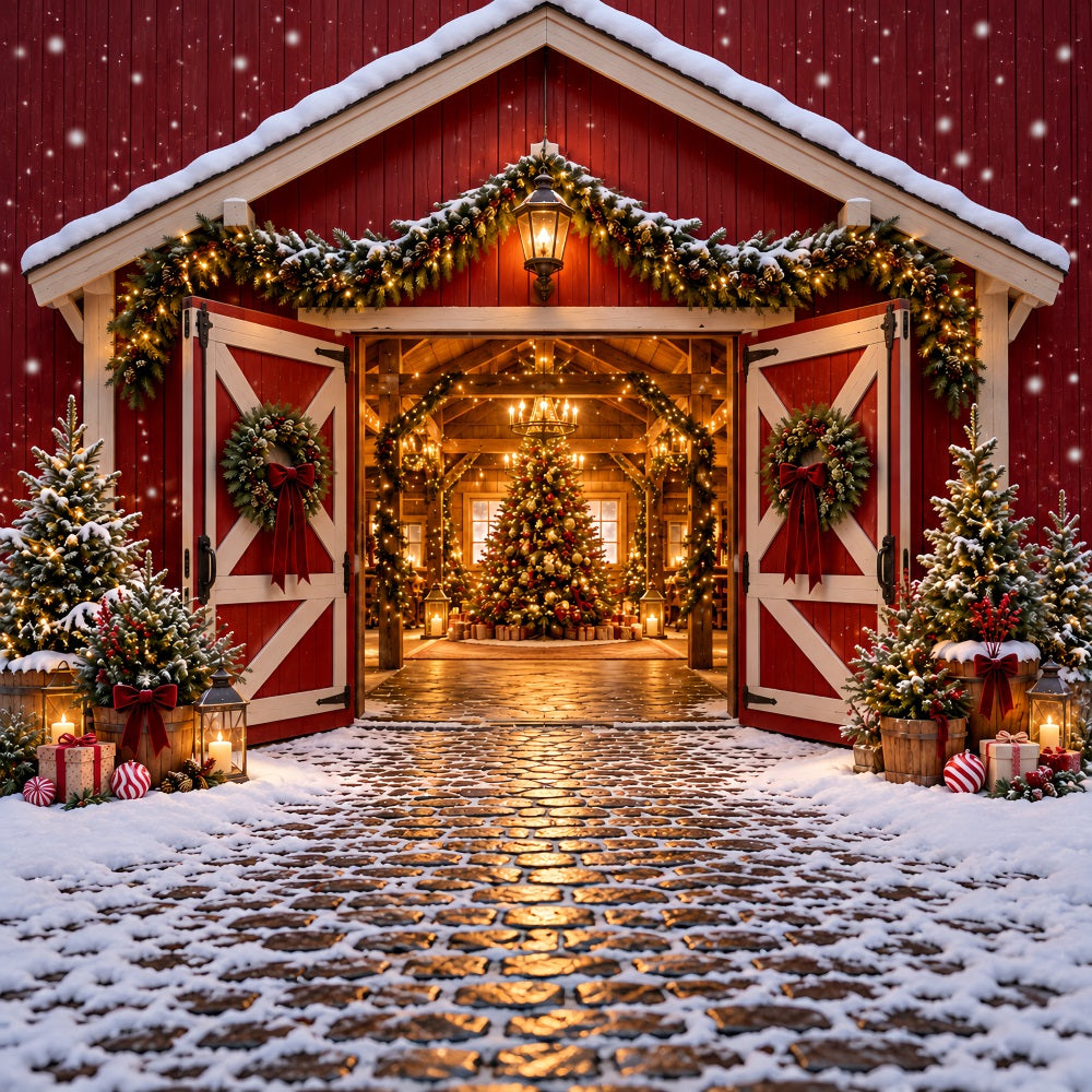 Christmas Tree Farm Backdrop Festive Red Barn Entrance Christmas Studio Backdrops HQ610-172