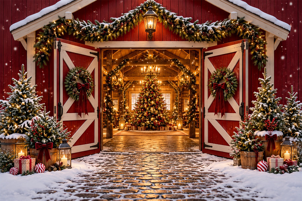 Christmas Tree Farm Backdrop Festive Red Barn Entrance Christmas Studio Backdrops HQ610-172