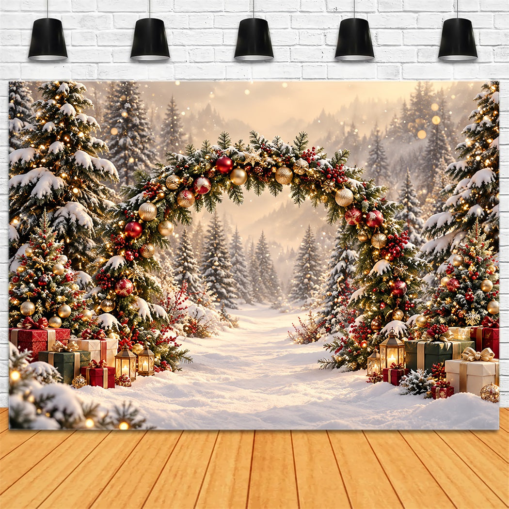 Christmas Backdrop Arch Golden Lights Evergreen Archway Christmas Pictures Backdrop HQ610-174