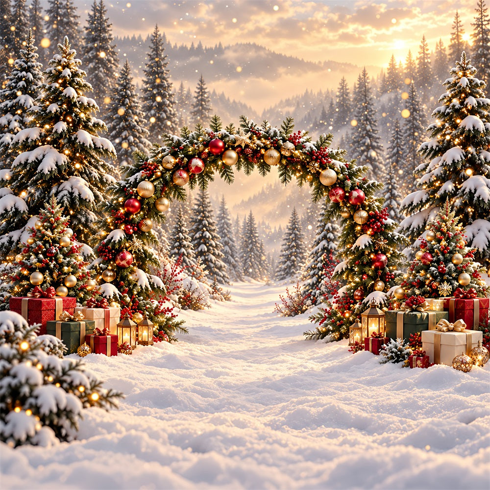 Christmas Backdrop Arch Golden Lights Evergreen Archway Christmas Pictures Backdrop HQ610-174