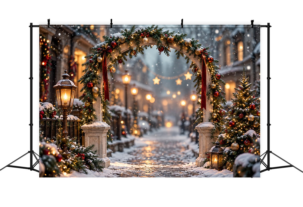 Christmas Lights Photo Backdrop Snowy Evergreen Lantern Arch Christmas Photo Wall Backdrop HQ610-175
