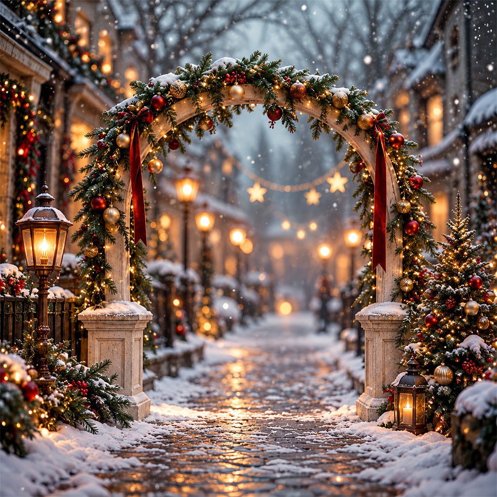 Christmas Lights Photo Backdrop Snowy Evergreen Lantern Arch Christmas Photo Wall Backdrop HQ610-175