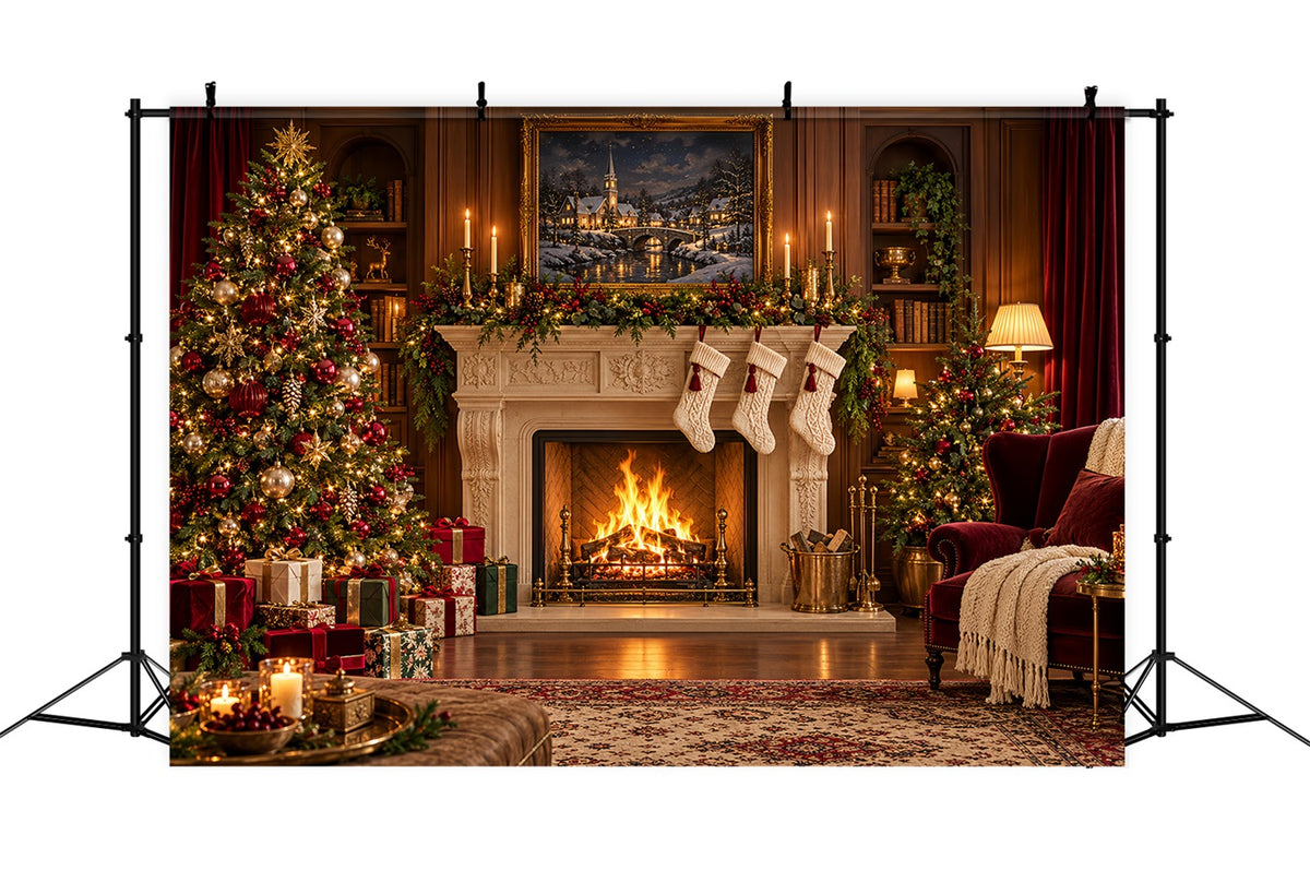 Santa Photo Backdrop Classic Fireplace Stockings Display Christmas Backdrops for Sale HQ610-179