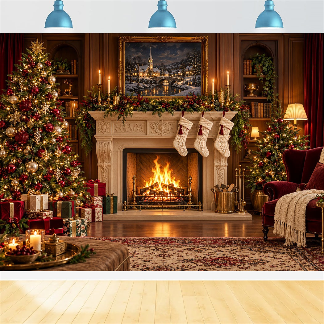 Santa Photo Backdrop Classic Fireplace Stockings Display Christmas Backdrops for Sale HQ610-179