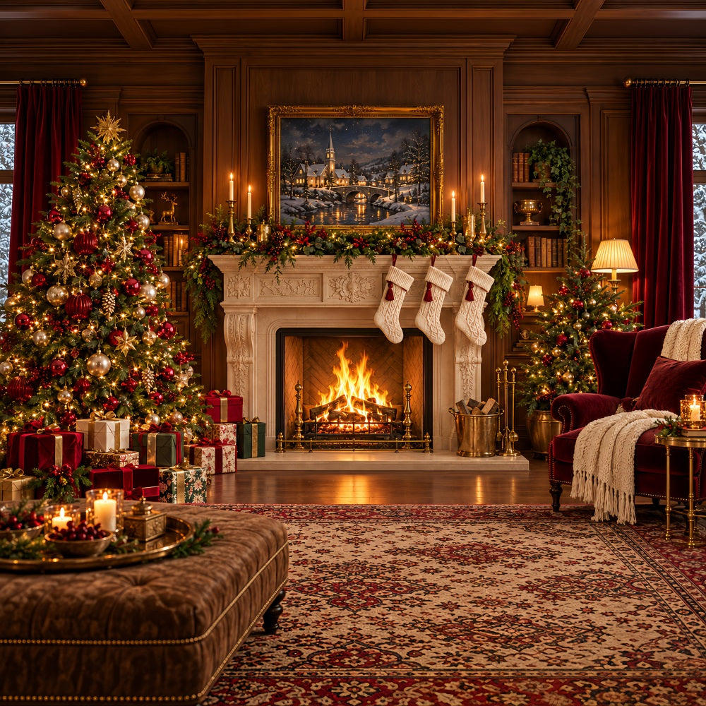 Santa Photo Backdrop Classic Fireplace Stockings Display Christmas Backdrops for Sale HQ610-179
