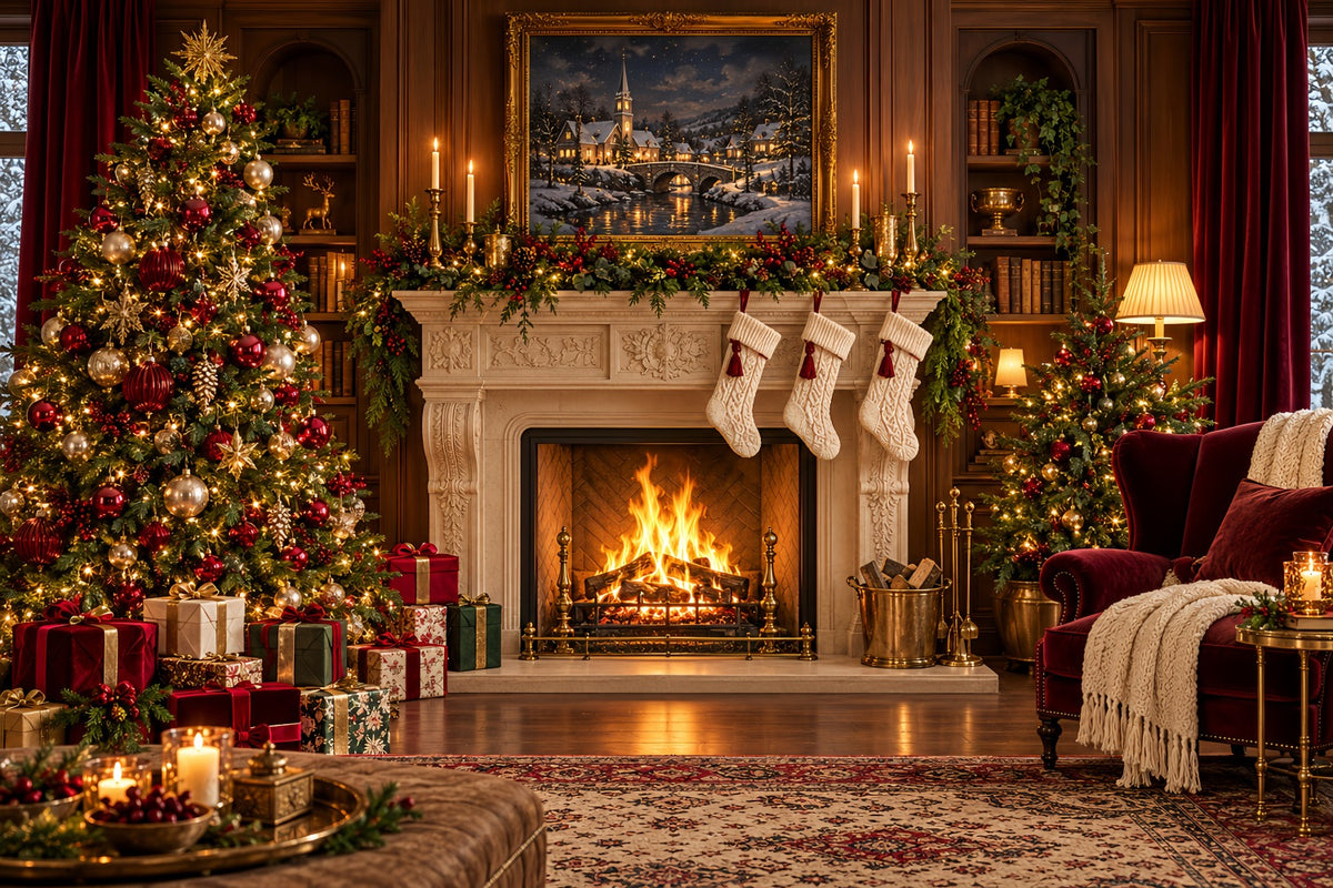 Santa Photo Backdrop Classic Fireplace Stockings Display Christmas Backdrops for Sale HQ610-179