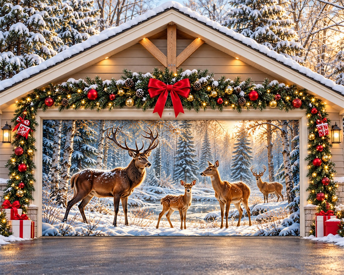Reindeer Christmas Garage Door Cover Snowy Deer Forest Outdoor Christmas Garage Door Cover HQ610-18-2 Car