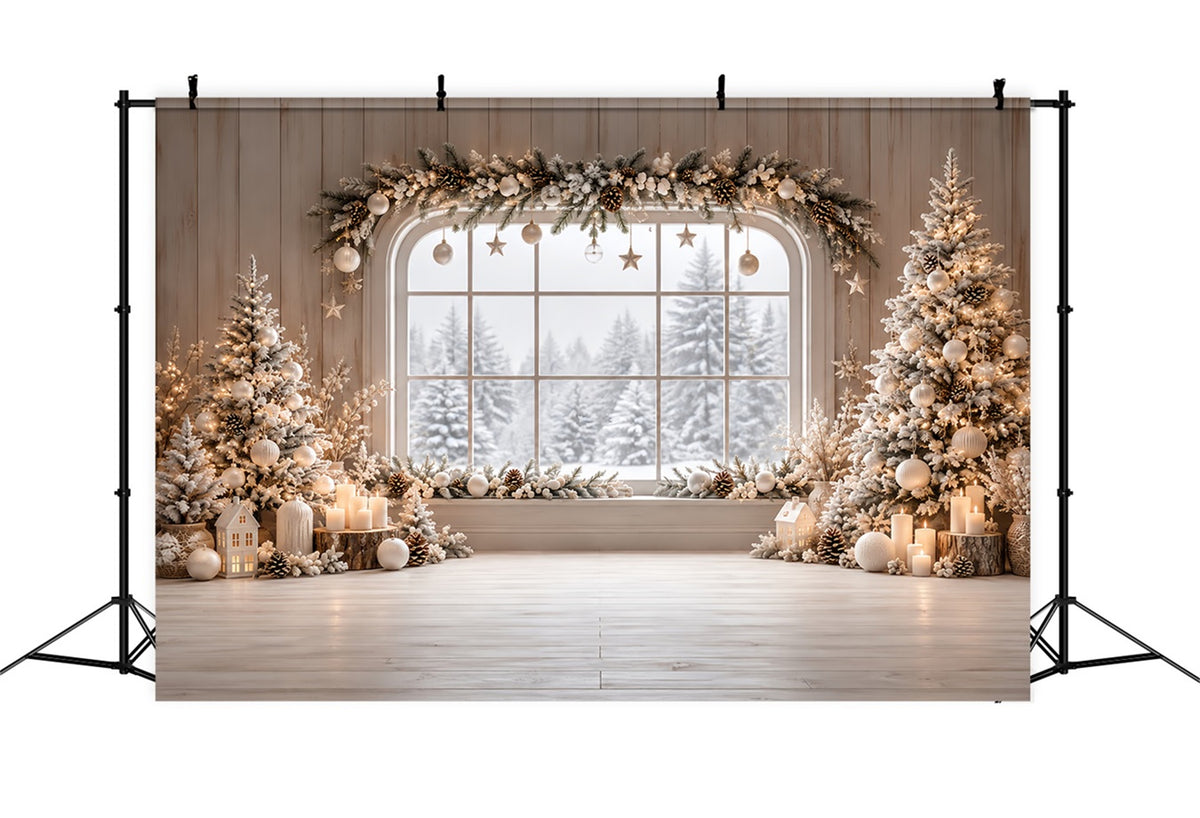 Christmas Window Backdrops Ivory Winter Cabin Garland Christmas Backdrop Wall HQ610-180