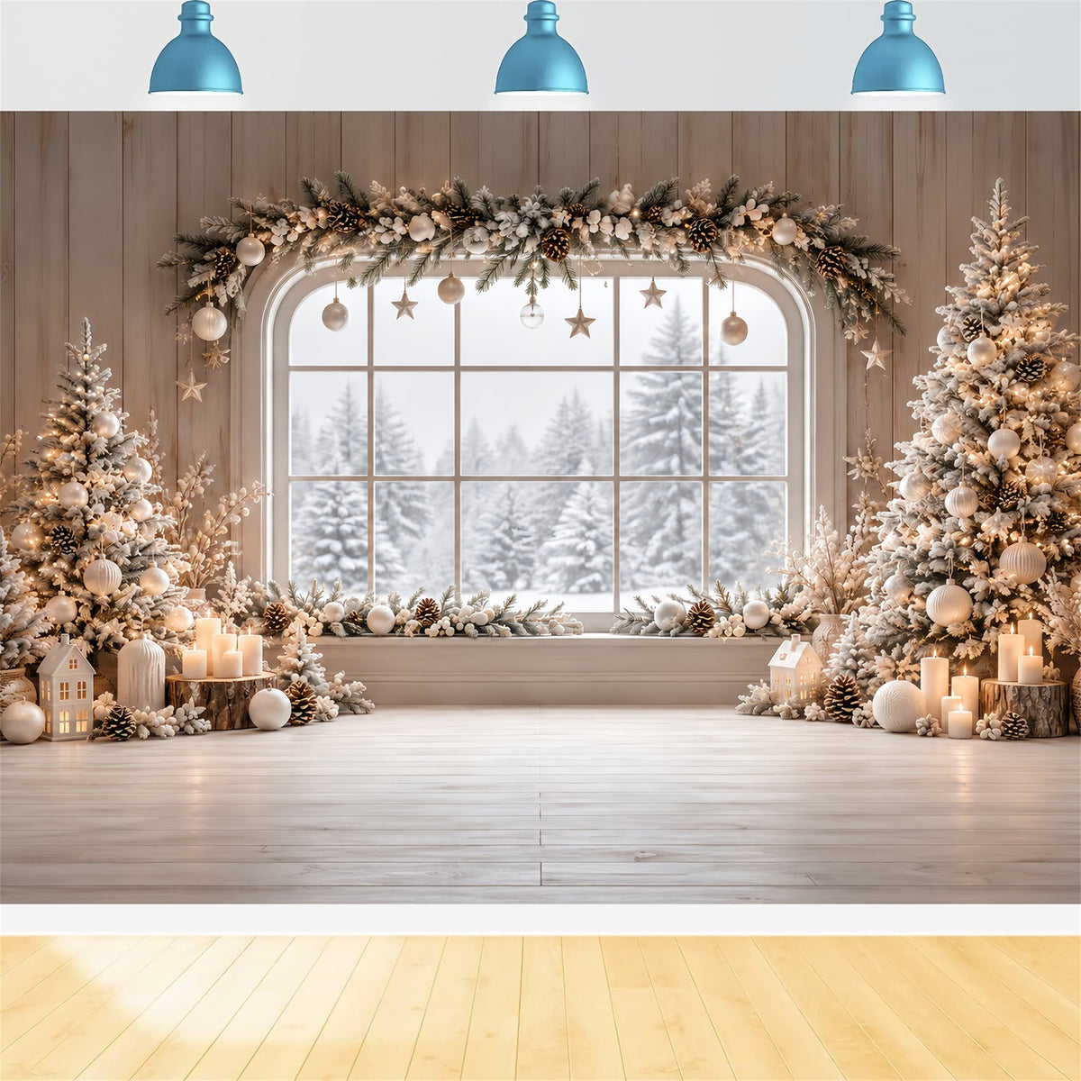 Christmas Window Backdrops Ivory Winter Cabin Garland Christmas Backdrop Wall HQ610-180