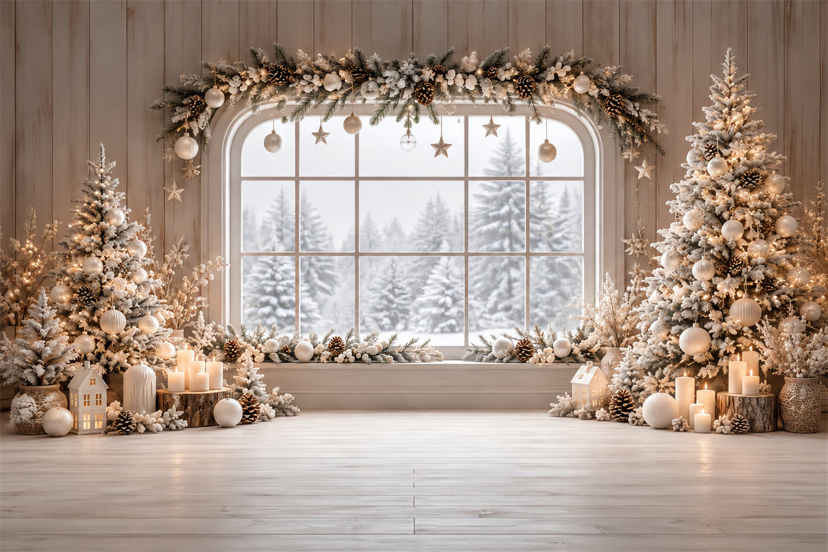 Christmas Window Backdrops Ivory Winter Cabin Garland Christmas Backdrop Wall HQ610-180