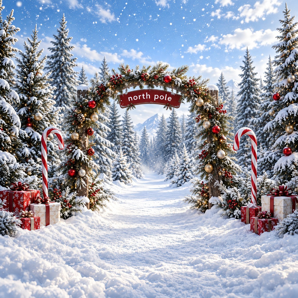 North Pole Photo Backdrop Candy Cane Forest Entrance Christmas Winter Backdrop HQ610-182