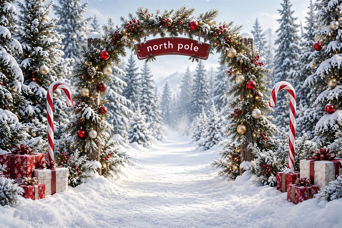 North Pole Photo Backdrop Candy Cane Forest Entrance Christmas Winter Backdrop HQ610-182