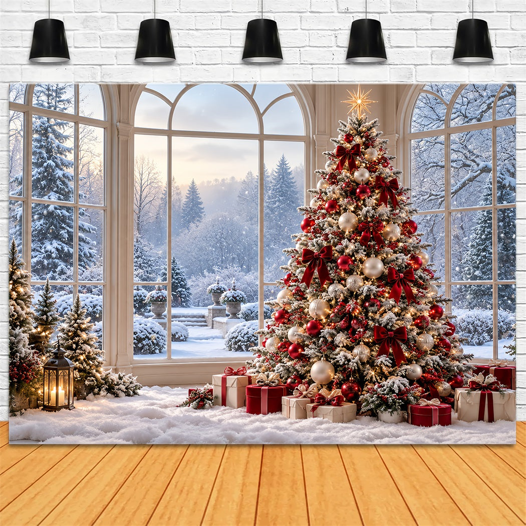Christmas Forest Backdrop Snowy Window Decorated Tree Christmas Backdrop for Photo HQ610-183