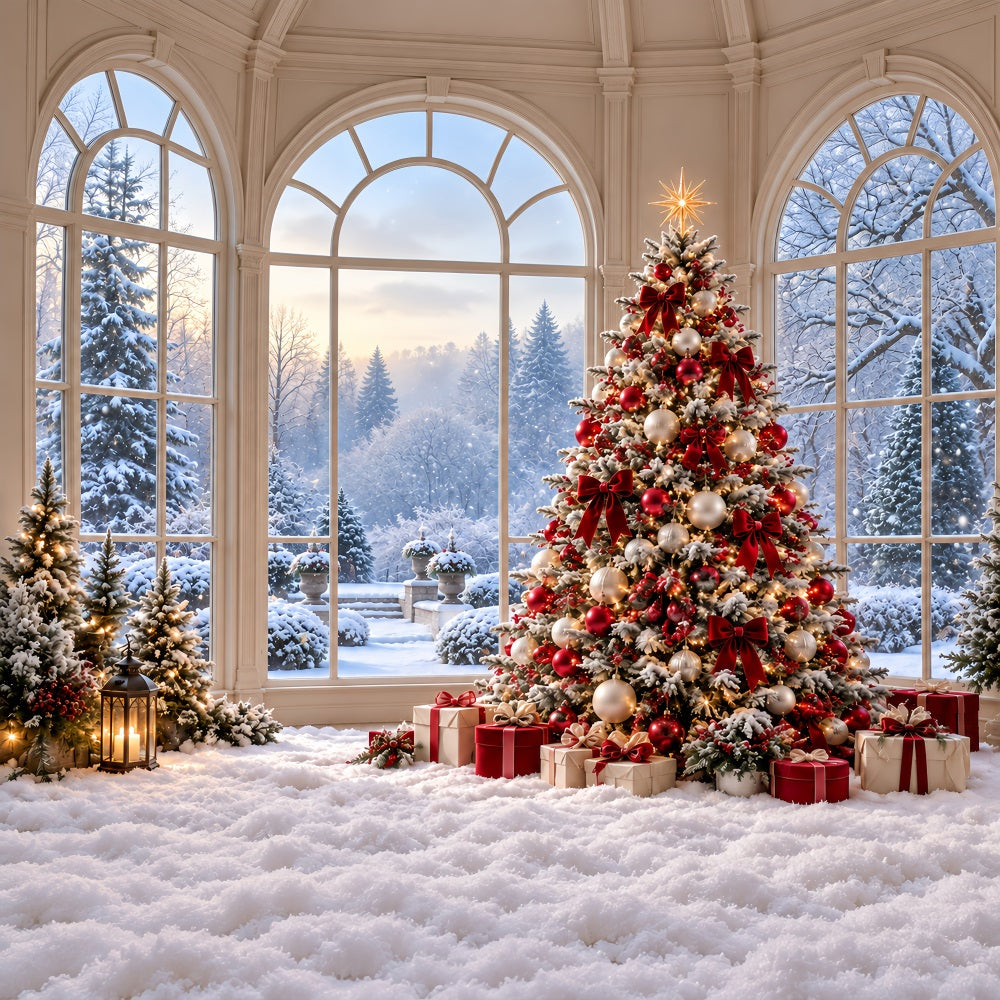 Christmas Forest Backdrop Snowy Window Decorated Tree Christmas Backdrop for Photo HQ610-183