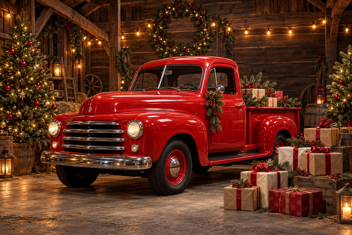 Christmas Photography Backdrop Vintage Red Truck Barn Merry Christmas Backdrops HQ610-184
