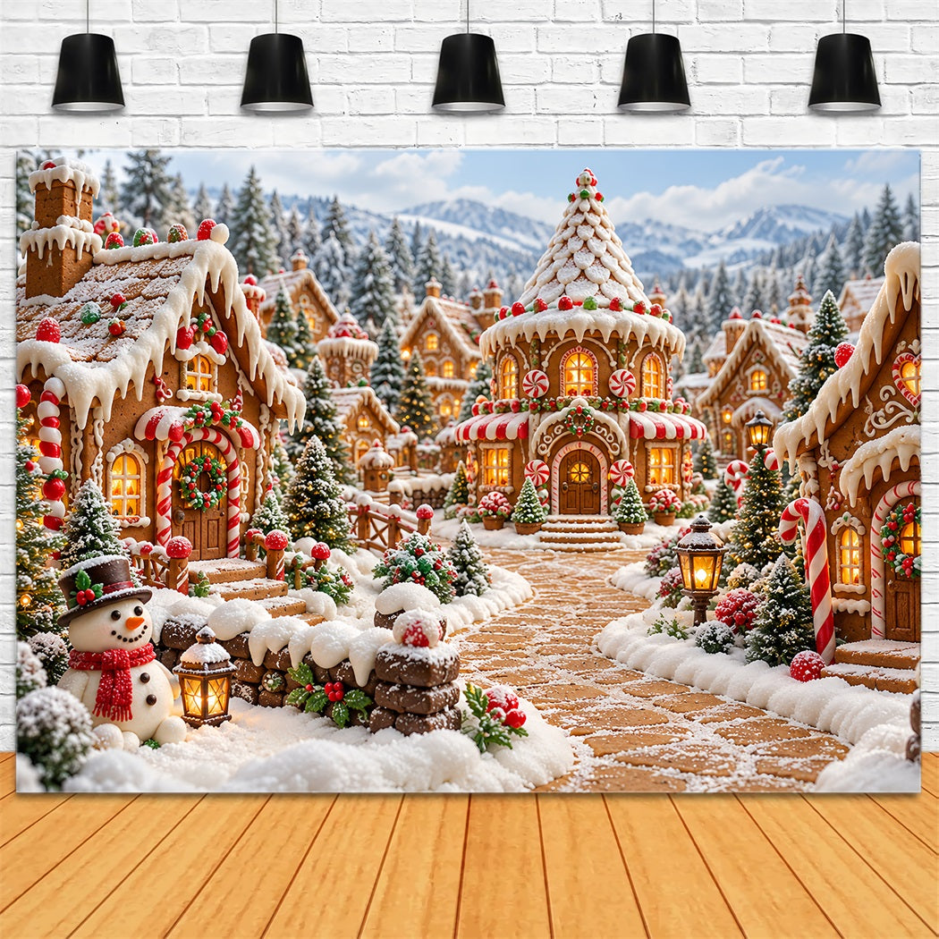 Christmas Gingerbread Backdrop Snowy Candy Cottage Village Christmas Backdrop Picture HQ610-185