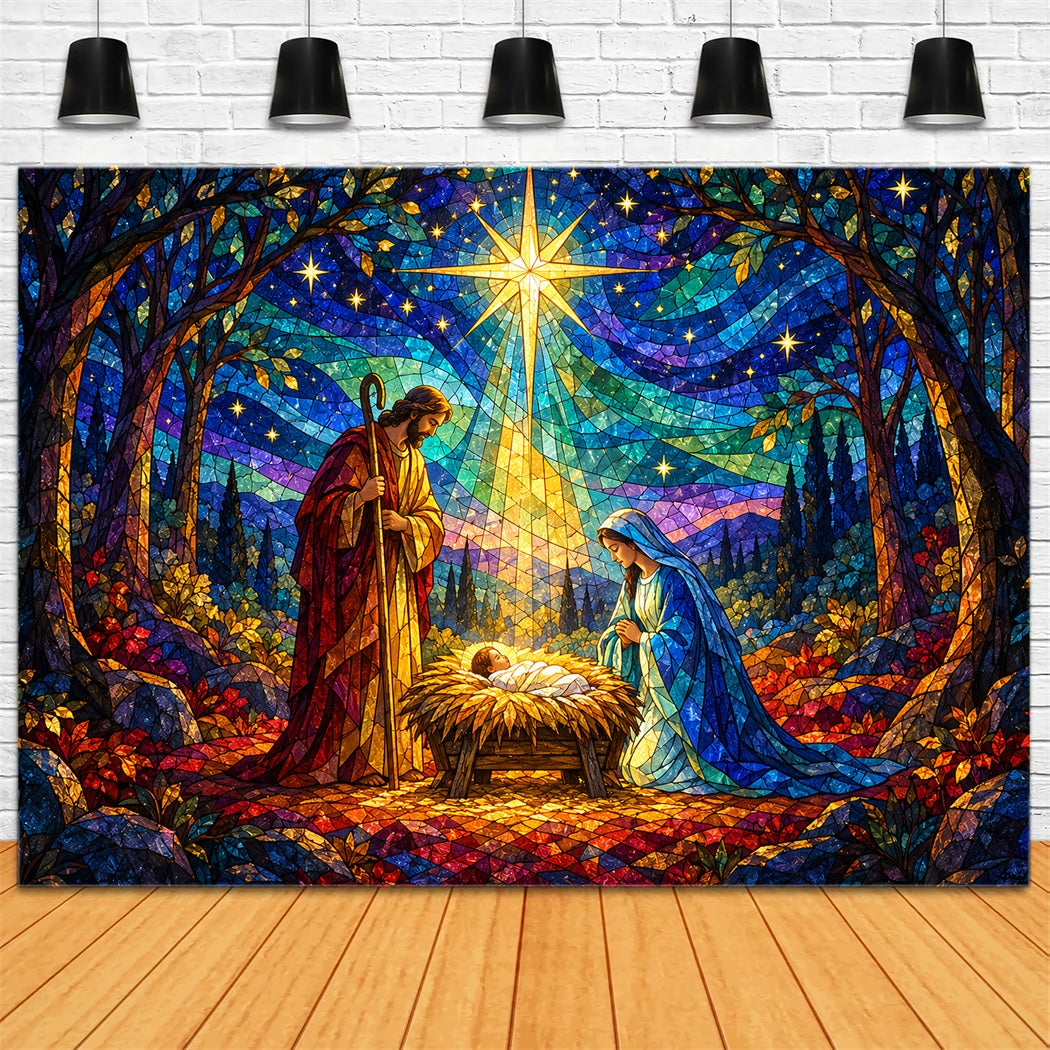 Nativity Scene Backdrop Stained Glass Bethlehem Star Christmas Backdrop Sale HQ610-187