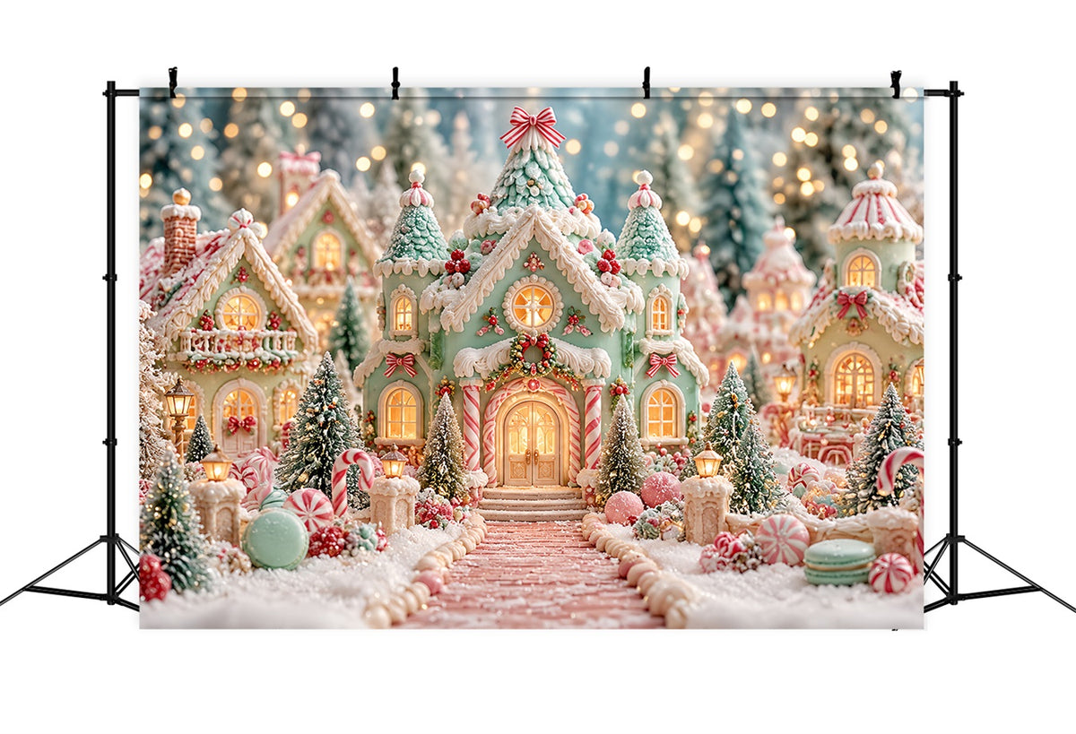 Gingerbread House Photo Backdrop Pastel Candyland Village Christmas Party Backdrop Ideas HQ610-188
