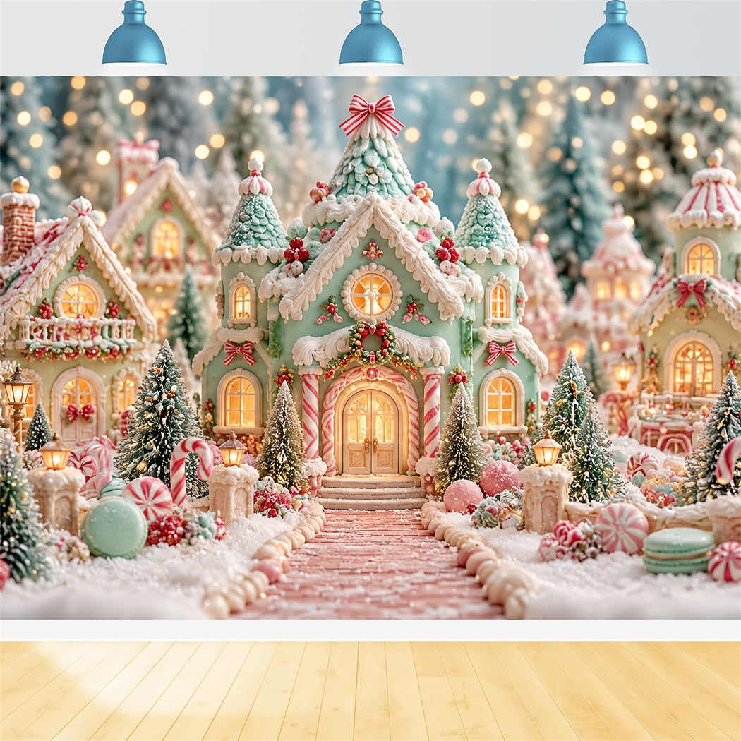 Gingerbread House Photo Backdrop Pastel Candyland Village Christmas Party Backdrop Ideas HQ610-188