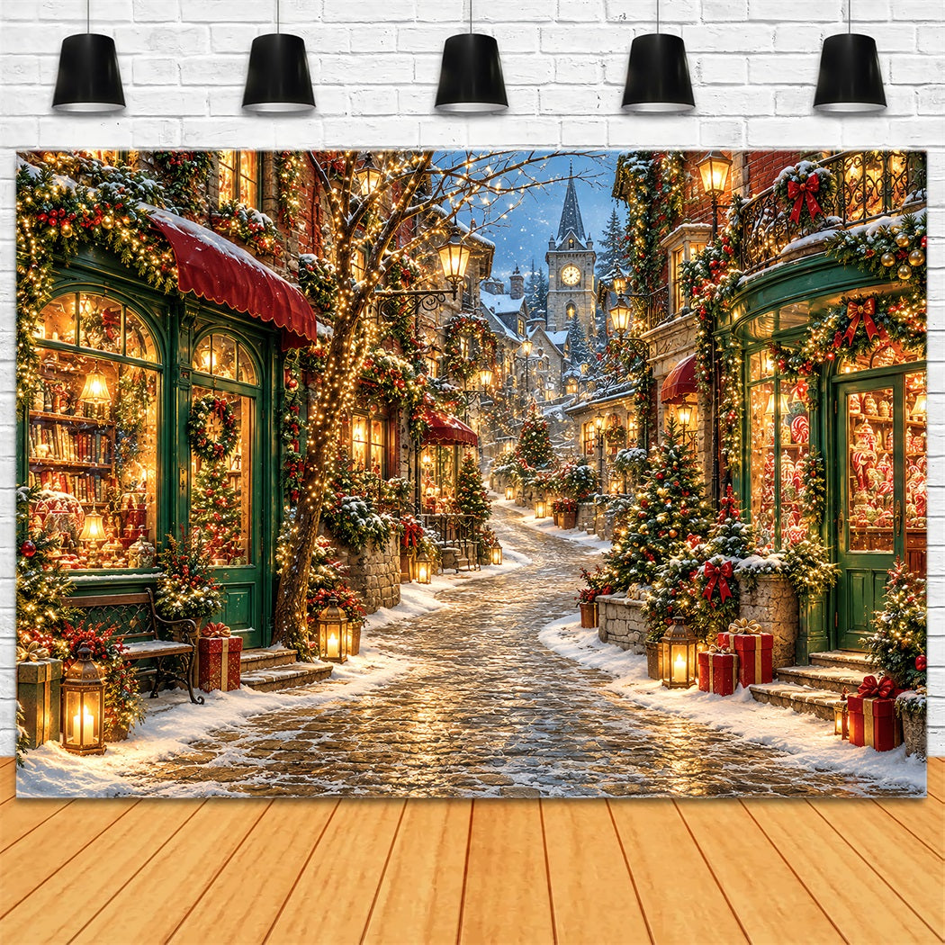 Christmas Village Backdrops Snowy Lantern Street Shop Backdrops for Christmas Photos HQ610-189