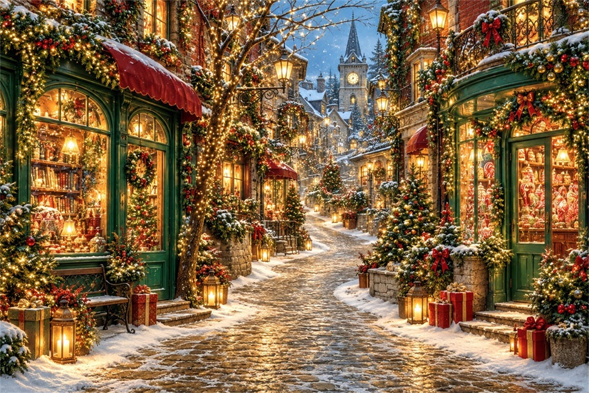 Christmas Village Backdrops Snowy Lantern Street Shop Backdrops for Christmas Photos HQ610-189