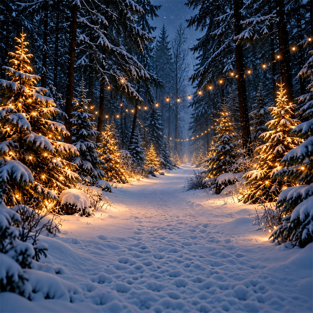 Christmas Tree Farm Photo Backdrop Glowing Snowy Forest Path Photography Backdrop Christmas HQ610-190