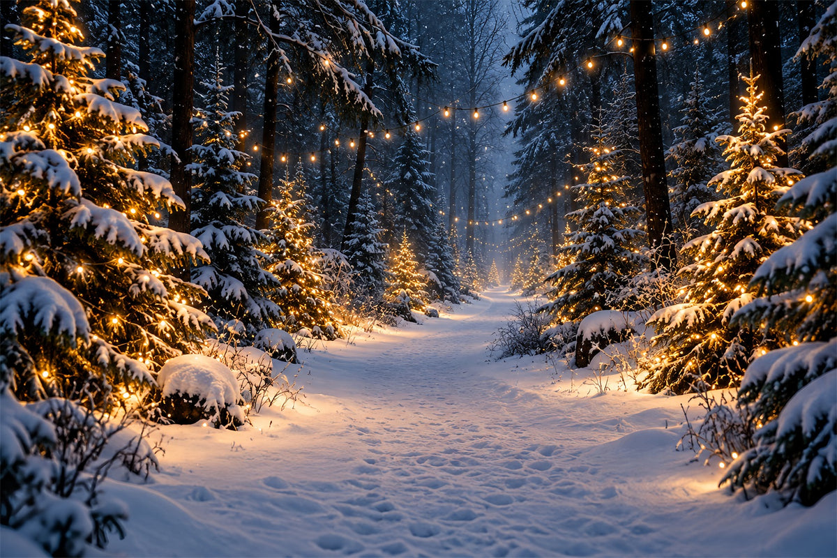 Christmas Tree Farm Photo Backdrop Glowing Snowy Forest Path Photography Backdrop Christmas HQ610-190