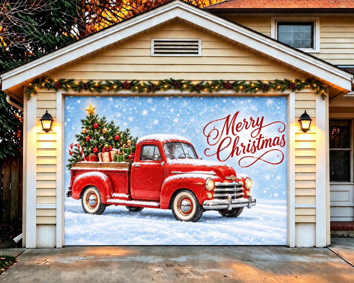 Red Truck Christmas Garage Door Cover Snow Box Tree Christmas Outdoor Garage Door Decor HQ610-20-1 Car